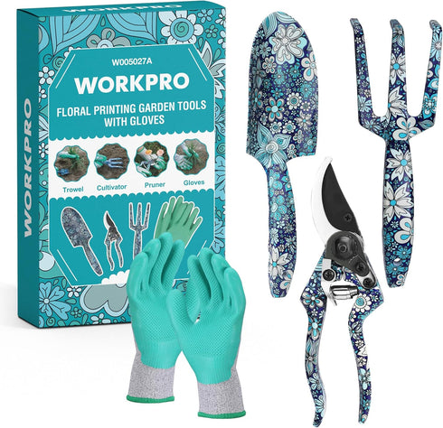 WORKPRO Aluminum Garden Tool Set, 4PCS Heavy Duty Hand Tools with Box, Includes Trowel, Rake, Pruner, Garden Gloves