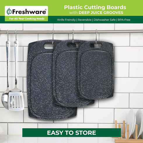 Plastic Cutting Boards Set of 3 for Kitchen, Juice Grooves, Easy Grip Handle, BPA-Free, Non-Porous, Dishwasher Safe