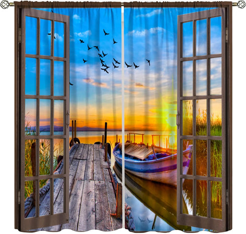 Lakeside Landscape Curtains, Rustic 3D Scenery Prints Window Treatments Drapes for Bedroom Living Room 42x45in