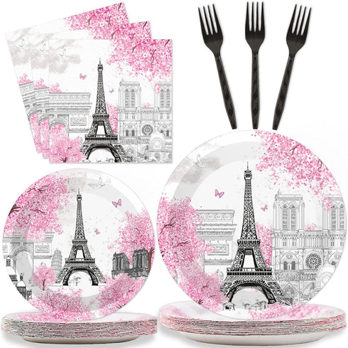 Paris Eiffel Tower Plates and Napkins - Parisian Party Disposable Paper Tableware Bundle for 24 Guests