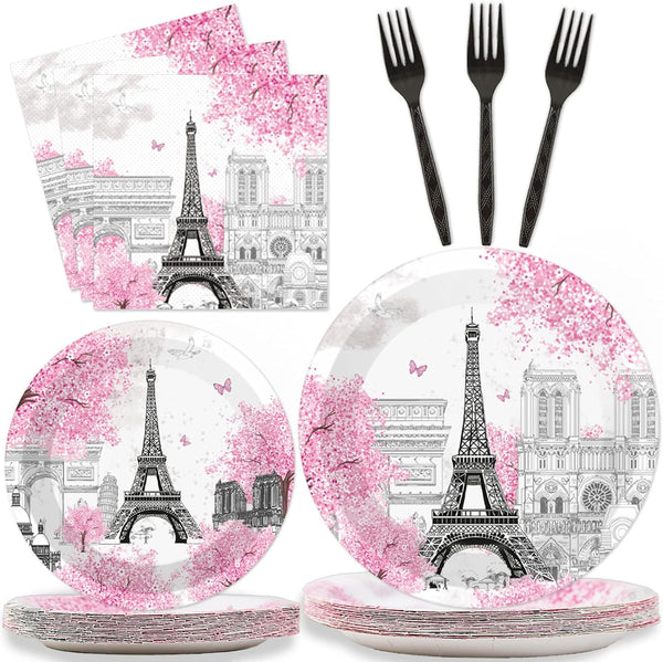 Paris Eiffel Tower Plates and Napkins - Parisian Party Disposable Paper Tableware Bundle for 24 Guests