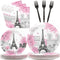 Paris Eiffel Tower Plates and Napkins - Parisian Party Disposable Paper Tableware Bundle for 24 Guests