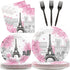 Paris Eiffel Tower Plates and Napkins - Parisian Party Disposable Paper Tableware Bundle for 24 Guests