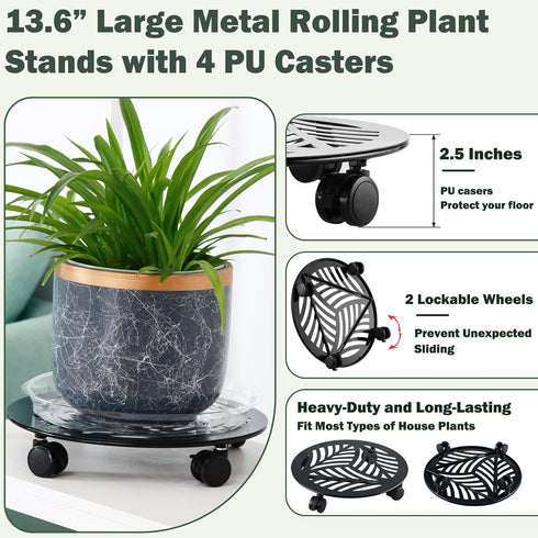 1 Packs 13.6" Large Metal Plant Caddy with PU Wheels Heavy-Duty Wrought Iron Rolling Plant Stands Indoor Outdoor
