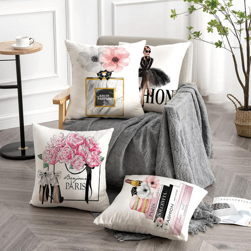 Set of 4 Pink Throw Pillow Covers 18x18 – Cute Decorative Pillow Covers with Pink Flower, Gold Perfume, Lipstick, Soft