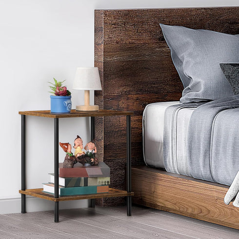 2 Small End Table Tier Wood Metal Rustic Side Table Living Room with Storage Shelf Narrow Bedside Table for Small