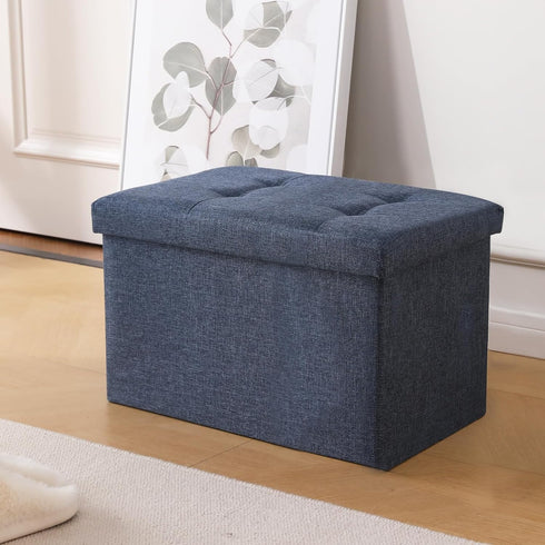 CUYOCA Storage Ottoman Cube Small Footrest Foldable Seat Foot Stools Square Tufted Ottoman Linen Black