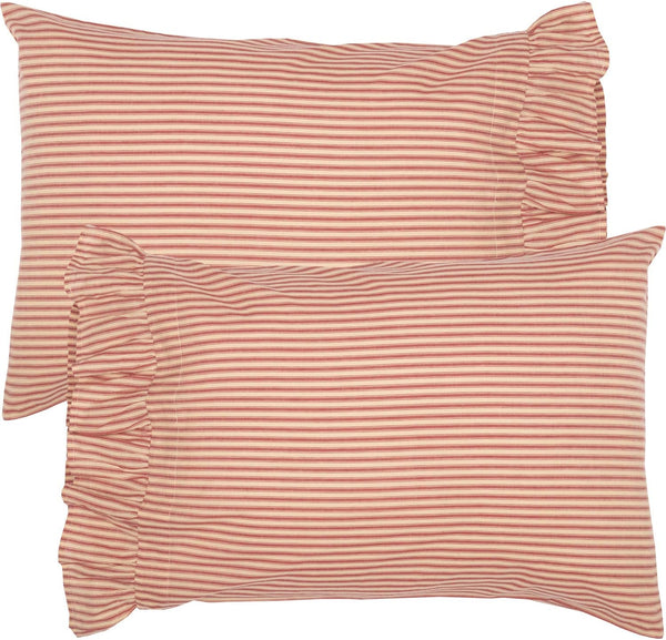 VHC Brands Sawyer Mill Ticking Striped Cotton Farmhouse Standard Pillowcase Set, 21x30, Red Country