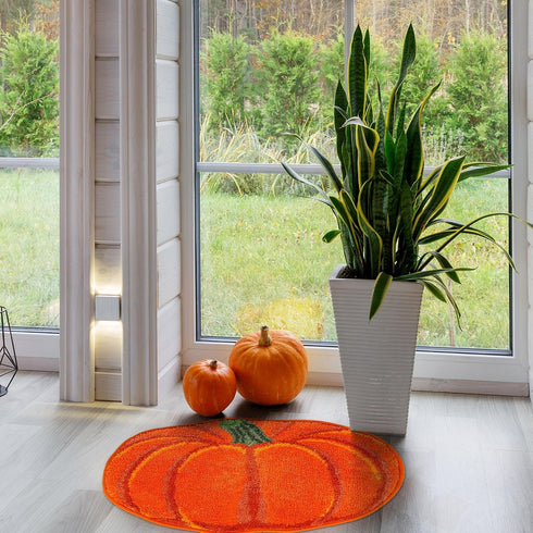 Fall Bathroom Rug, Cute Pumpkin Shape Bath Mat, Non Slip Shower Rugs for Kitchen Bedroom Living Room Decor