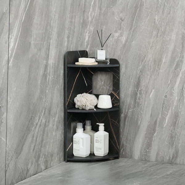 Black 3-Tier Small Corner Shelf Stand, Waterproof Bathroom Storage, Toilet Paper Storage,
