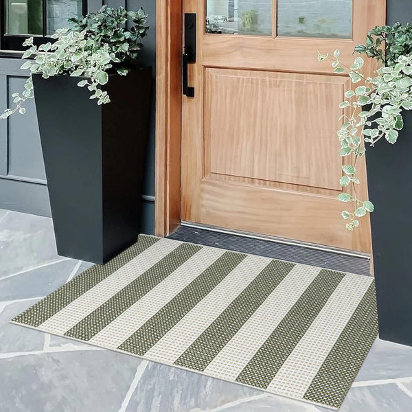OJIA Front Door Mat, 24"x35" Green Striped Checkered Rug, Washable Indoor Outdoor Rug for Kitchen Entryway Patio