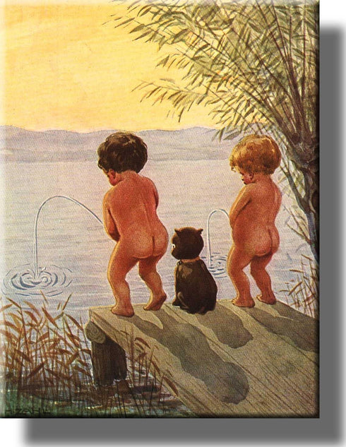 Boys By the Lake Distance Record Toilet Bathroom Picture, Stretched Canvas Wall Art Decor Ready to Hang