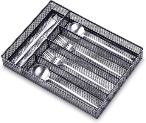 WuGeShop Black Silverware Drawer Organizer, Metal Mesh Utensil Tray, Non-Slip Cutlery Tray with 5 Compartments