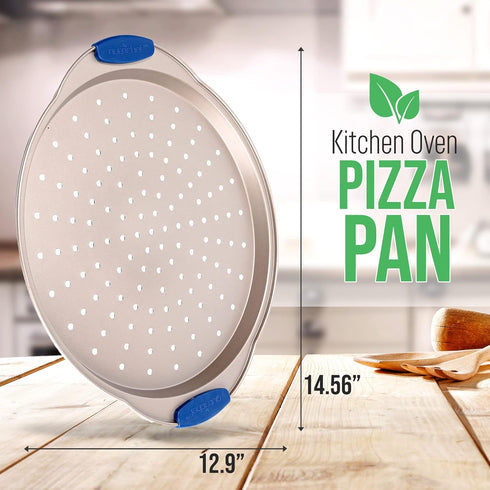 NutriChef 13-Inch Non-Stick Pizza Tray - with Silicone Handle, Round Steel Non-stick Pan with Perforated Holes, Premium Bakeware, Pizza Tray with Extended Handles, Dishwasher Safe - Champagne Gold by NutriChef