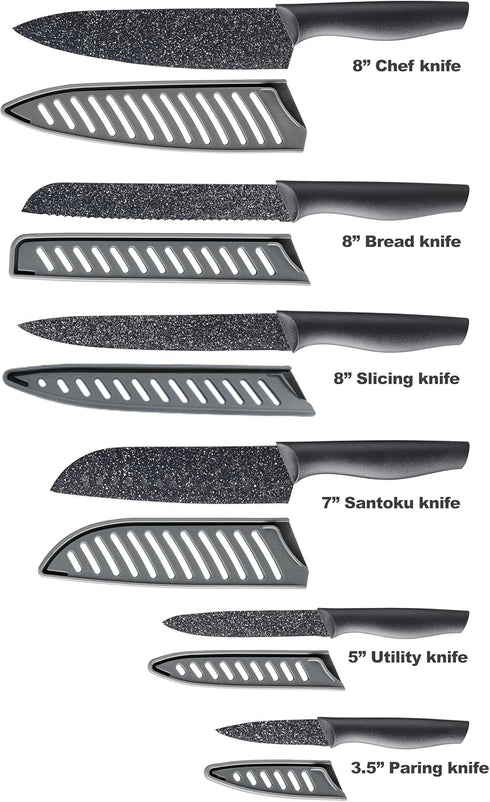 Marco Almond Kitchen Knife Set, KYA39 12-Piece Chef Knife Sets, 6 Knives with 6 Blade Guards, Stainless Steel Knives Set for Kitchen with Covers, Black by Marco Almond