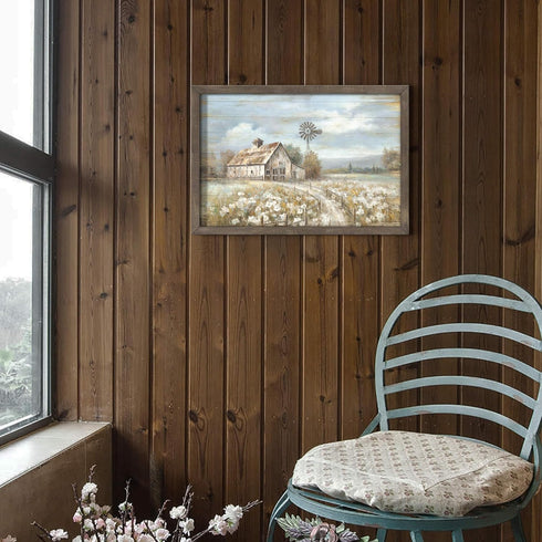 Barn Framed Wall Art Decor, Rustic Farmhouse Wooden Picture of Country Windmill Meadow Landscape Painting for Bedroom