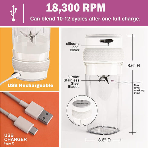 Bionic Blade Personal-Sized Blender 26 oz., BPA-Free, Cordless, Rechargeable 18,000 RPM Portable Blender for Shakes and Smoothies Mini Blender Portable 8.6" Tall, Seen On TV by EMSON