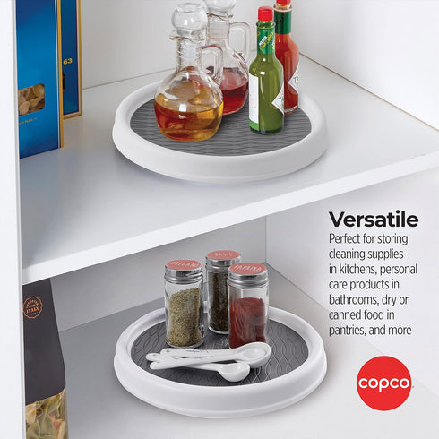 Copco 9 Inch Non Skid Pantry Cabinet Lazy Susan Turntable, Set of 2, White and Gray