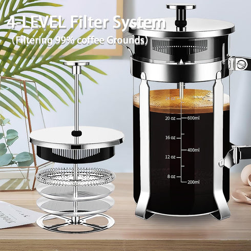 French Press Coffee Maker, 304 Stainless Steel, 4 Filters System, Heat Resistant Borosilicate Glass, BPA-Free Brewed