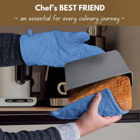 Native Fab 4-Piece Kitchen Pot Holders and Oven Mitts Set - Heat Resistant, Non-Slip, 100% Cotton - Blue