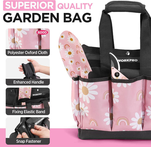 WORKPRO 5PCS Garden Tool Set, Heavy Duty Aluminum Gardening Tools with Garden Tool Bag, Outdoor Hand Tools, Pink