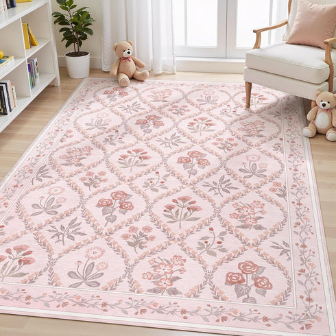 Pink Rug for Bedroom Girls, 5x7 Washable Rug for Floral Nursery Decor,