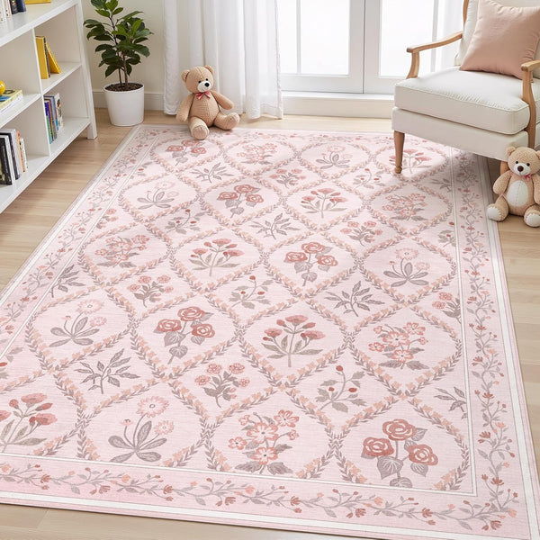 Pink Rug for Bedroom Girls, 5x7 Washable Rug for Floral Nursery Decor,