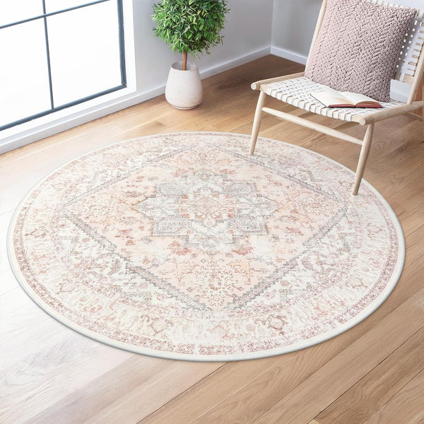 LIVEBOX Pink Round Rug 4ft - Machine Washable Circle Rug for Living