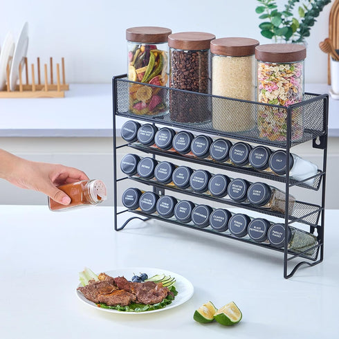 27 Countertop, Spice Rack Organizer with Spice Jars with Black Lids, Funnel, Spice Labels, Pen, Seasoning Organizer