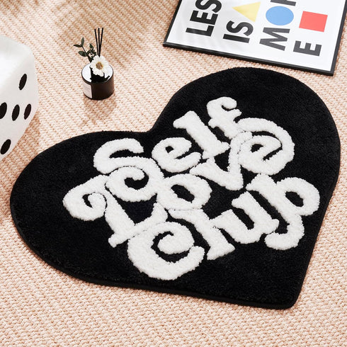 Self Love Club Heart Shaped Rug, Cute Non-Slip Bath Mat for Bedroom and Bathroom Decor, Black and White 27"x20"