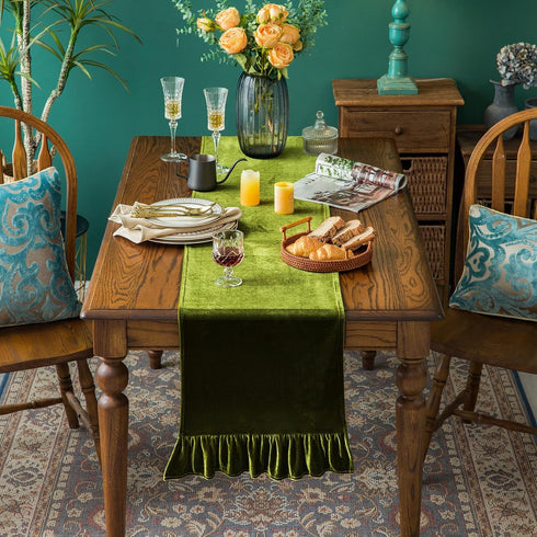 72 Inches Green,14x72 Inch Velvet Table Runner Soft Decorative Luxurious Solid Long Tablecloth with Retro Ruffle