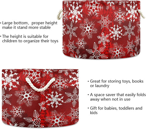 Christmas Large Storage Basket with Red Pattern and Snowflakes for Toys, Clothes, Laundry Hamper Organizer Bag with