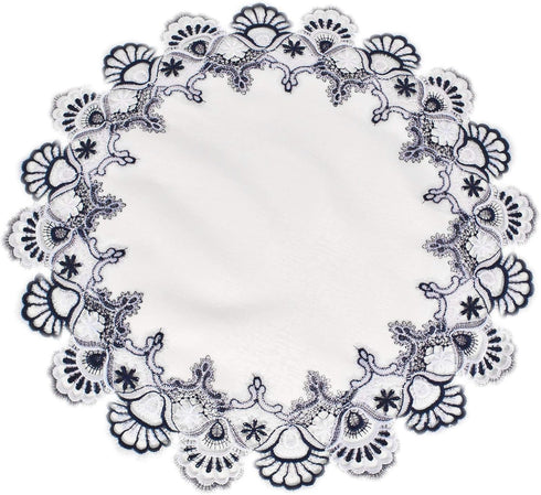 White Navy Blue Jacquard Peacock Tail Lace Doily - 23 inch Round Placemat & Table Centerpiece