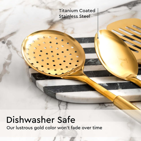 Gold Cooking Utensils Set - 5 PC Stainless Steel Kitchen Tools for Modern Cooking & Serving - Dishwasher Safe