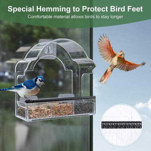 Window Bird Feeders for Outside, Clear Bird Window Feeder with 3 Strong Adhesive Sheets, Transparent Acrylic Bird House for Window Viewing, Removable Tray, Wild Bird Watching Present