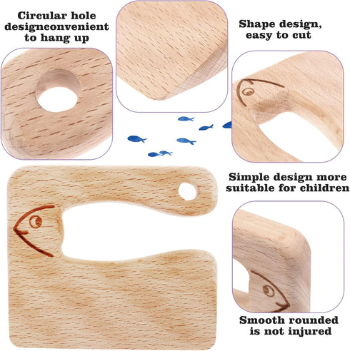 4 Pcs Wooden Kids Knives Cooking Utensils, Safe Knives with Rectangle Cutting Board for Kitchen Cooking