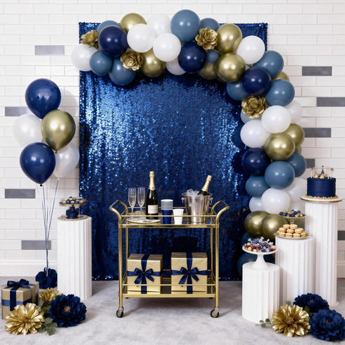 12inch Retro Navy Blue Gold and White Balloons, Pastel Dark Light Blue White Latex Balloons with Metallic Chrome Gold