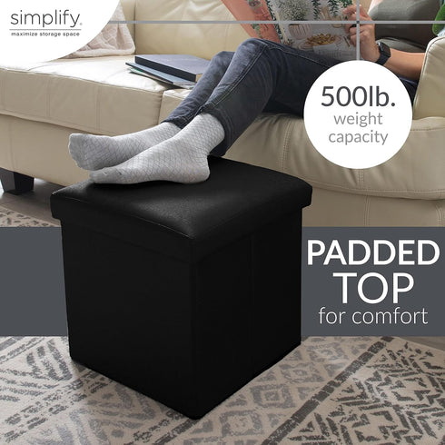 Simplify Faux Leather Folding Storage Ottoman | Single | Collapsible | Tufted Padded Seating | Foot Rest | Bench | Toy