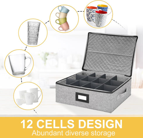 Coffee Mug Storage Box with Dividers - Durable China Storage Container for 12 Mugs, Stackable with Lid (Grey)