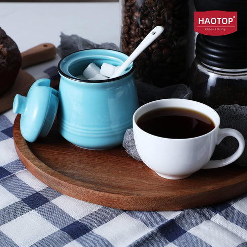 HAOTOP Porcelain Salt Bowl with Lid and Spoon, Ceramic Sugar Bowl 12oz in Turquoise