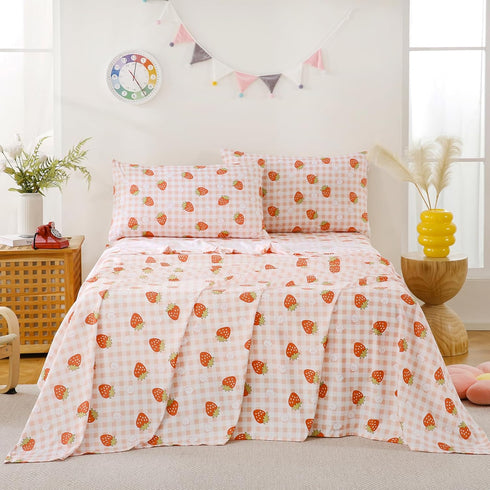 Set 4 Yibeizi Pink Strawberry Sheet for Girls, Cute Full Size Kids Checkered Patterned Bedsheet Microfiber Deep Pocket