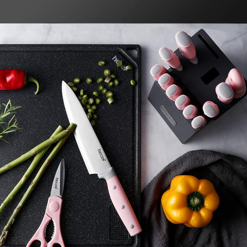hecef Kitchen Knife Block Set, 14 Pieces with Wooden Block & Sharpener, High Carbon Stainless Steel Cutlery Set