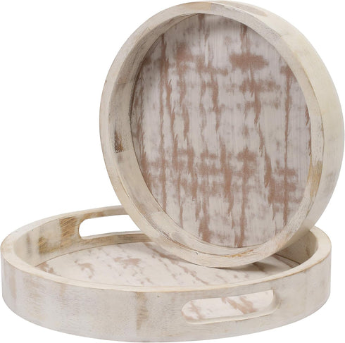 Winlay Set 2 12x12x1.5 Decorative Coffee Table Tray, of White, Wooden Round Serving Tray for Living Room, Wood Ottoman