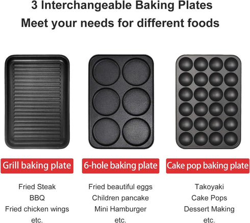 Multifunction Nonstick Baking Maker, 3 Interchangeable Baking Plates for Grill, Pancake, and Cake Pops, Takoyaki Maker,