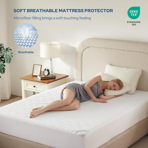 6"-18" BEDLORE Waterproof Mattress Protector, Queen Size Noiseless Mattress Pad with Deep Pocket Depth, Soft Breathable