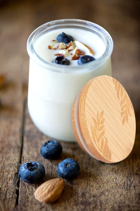 Set 8 Pack Oui Yogurt Bamboo Jar Lids With Silicone Sealing Rings - Leaves Pattern for Glass Storage