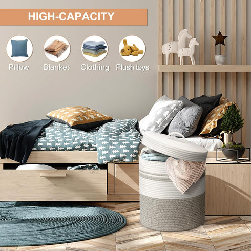 Woven Laundry Hamper with Lid, 40L Storage Basket for Living Room, Bedroom, Bathroom, Nursery (Brown and White)