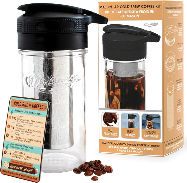 Masontops Cold Brew Makers Kit, Deluxe Iced Coffee Maker with Glass Pitcher & Stainless Steel Mesh Filter