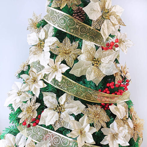 Supla 24 Pack Christmas Gold Glitter Poinsettia Flowers Picks, 5.9" Wide Christmas Tree Ornaments for Holiday
