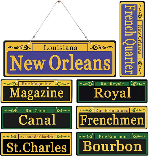 Mardi Gras Decorations Set of 8, Duplex Printed New Orleans Street Signs with Metal Chains, PVC Ornaments